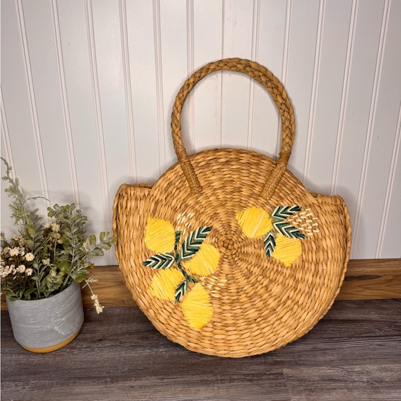 J. Jill Handbags - J Jill Lemon Braided Market Woven Rattan Basket Circle Round Purse Handbag NWT